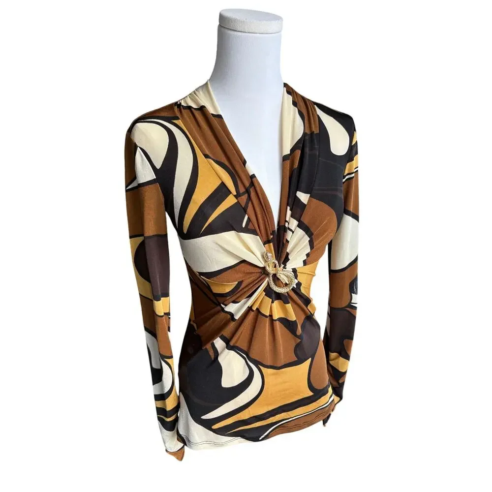 Vintage Cache Stretch V-Neck Blouse Snake Hardware Long Sleeve Stretch XS